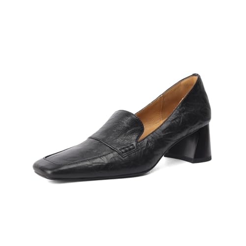 TinaCus Women's Genuine Leather Retro Square Toe Handmade Chunky Heel Loafers Pumps Shoes