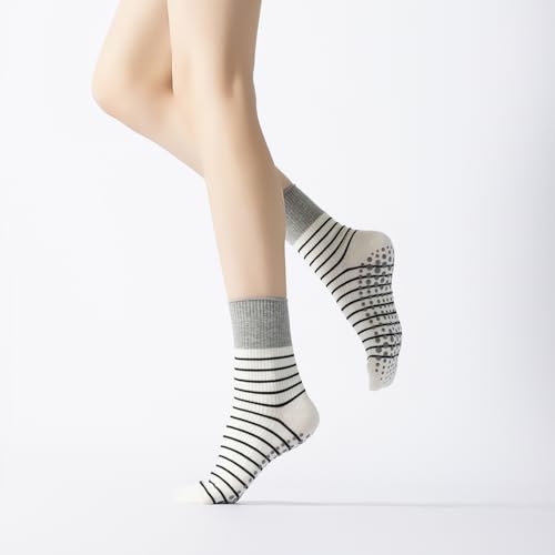 Image of Verdancy Yoga Pilates Socks with Grips for Women Non Slip Striped Cushioned Crew Socks for Barre Ballet Dance