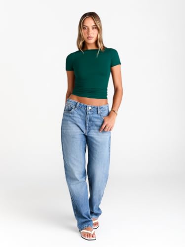 Image of Trendy Queen Womens Boat Neck Tops Short Sleeve Shirts | Compression Basic Tops,Y2K Aesthetic Slim Fit,Professional Business Casual, Polished Teacher Outfits
