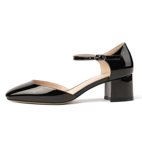 MODENCOCO Women's Patent Ankle Strap Cut Out Buckle Square Toe Chunky Low Heel Pumps Shoes 2 Inch2