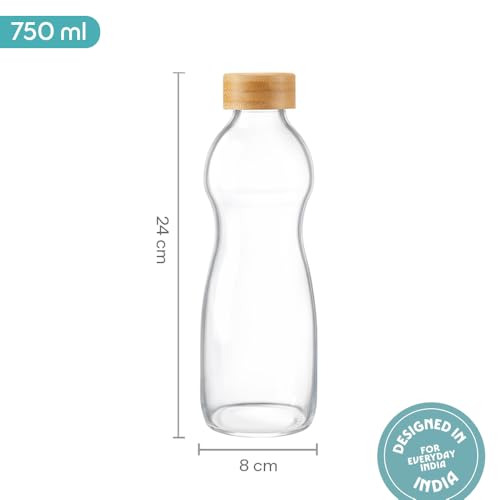 Image of Borosil 750ml Curve Bottle with Bamboo Lid | Borosilicate Glass Narrow Mouth Bottle for Fridge | Extreme Temperature Resistant For Hot & Cold Water, Milk, Lassi, Juice | Transparent