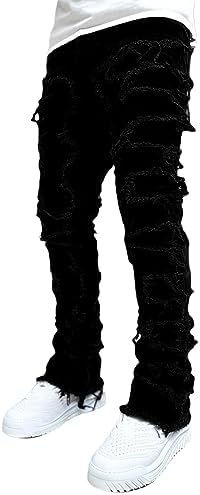 Stacked Jeans Men Skinny Ripped Jeans Slim Fit Denim Pants Y2K Goth Harajuku Emo Jeans Trouser (US, Alpha, Medium, Regular, Regular, B01-02)