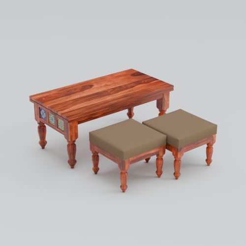 Image of Solid Sheesham Wood Center Coffee Table with 2 Cushioned Stools | Wooden Coffee Table | Space Saving Nesting Design for Living Room, Drawing Room, Hall, Bedroom, Office | Honey Finish