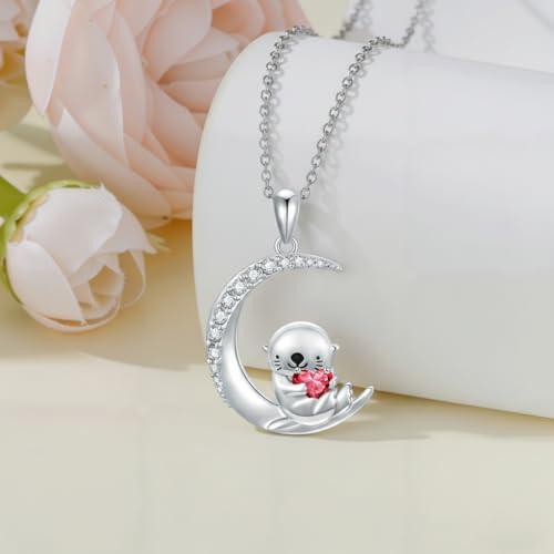 Image of PROESS Animal Birthstone Necklace 925 Sterling Silver Otter /Axolotl /Hippo /Elephant /Dachshund /Monkey /Red Panda Pendant Necklace Animal Birthstone Jewelry Gifts for Women