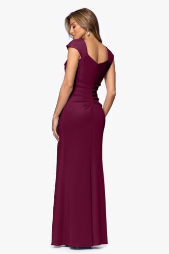 Image of Xscape Women's Long Bodycon Formal Evening Gown with Cap Sleeves, Asymmetrical Neckline, Ruched Bodice and Front Slit