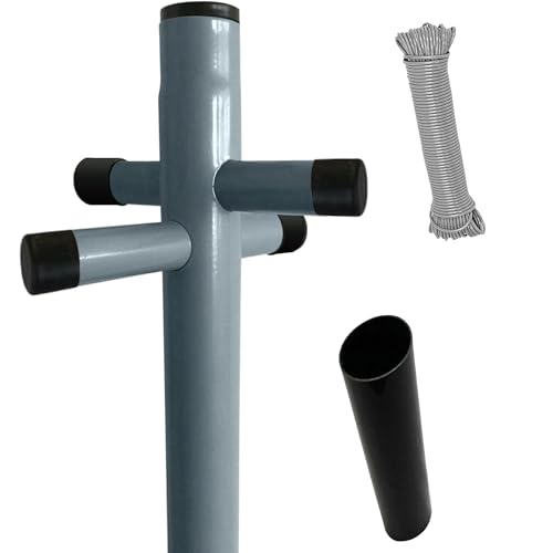 PD - 2.4M Heavy Duty Galvanised Washing Line Post – With Powder-Coated Ground Socket & 30M PVC Rope – Easy Install Outdoor Drying Pole for Home & Garden – Ideal for Hanging Clothes & Towels