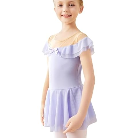 HiDance Girls' Ballet Leotards with Double Layers of Soft Mesh Skirt, Lotus Leaf Collar Ballerina Dance Dress (Purple, 4-6 Years) Cover