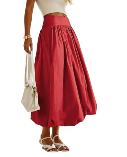 NUFIWI Women Y2k Bubble Maxi Skirt Low Elastic Waist A Line Long Skirt Summer Casual Ruffle Pleated Midi Dress