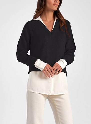 2 in 1 Patchwork Pullover Sweater for Women Knit V Neck Lapel Collar Shirt Tops 2025 Fall Winter Clothes3