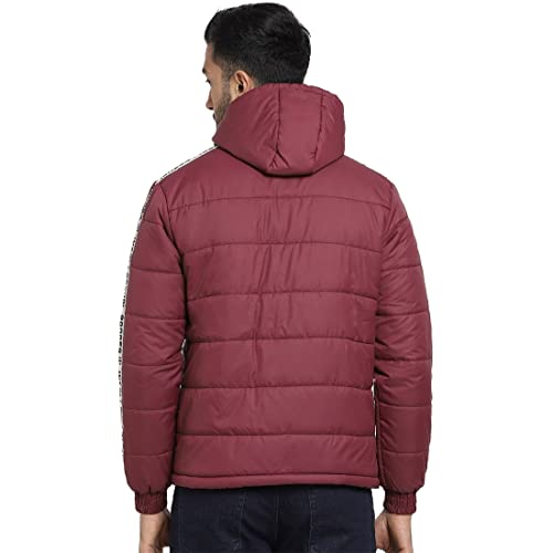 Image of Bewakoof Men's Typography Regular Fit Full Sleeve Hooded Poly Blend Puffer Jacket