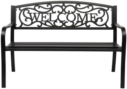 50" Outdoor Garden Bench, Patio Furniture Metal Outdoor Chair with Cast Iron Frame, Weather Proof 2-Person Outdoor Loveseat with Welcome Backrest for Park, Porch, Pool, Backyard