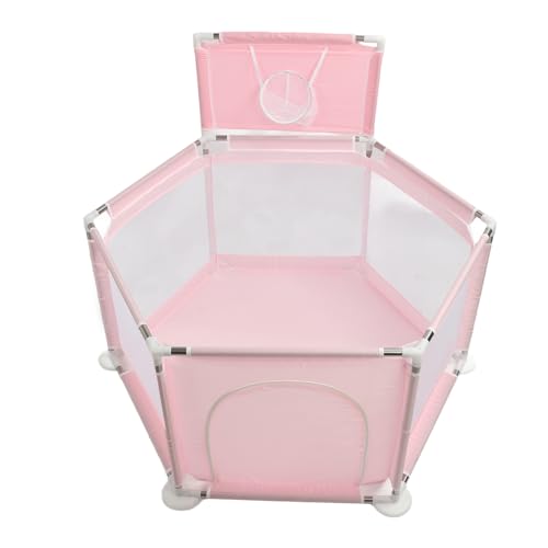 SENECESLI Bolígrafo para Gatear para Bebés, Valla de Seguridad Hexagonal, Patio de Malla Gruesa con Aro de Baloncesto, Color Rosa para Uso en Interiores, Tela Oxford de Acero Inoxidable Duradera