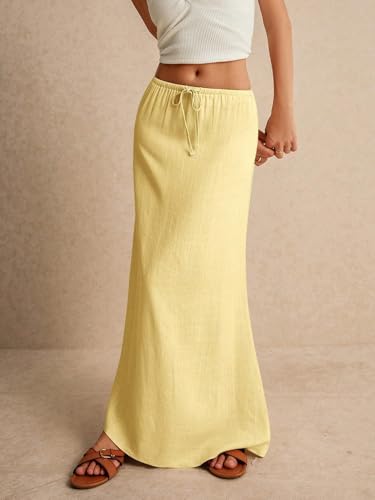 EARKOHA 2025 Women's Summer Maxi Skirt Drawstring Low Waist A Line Linen Long Flowy Skirts Yellow1 S2