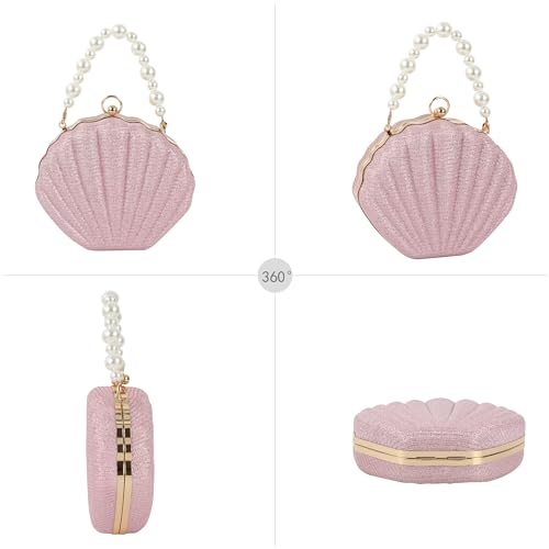 Image of Glitter Seashell Evening Clutch Purse Mini Chain Crossbody Bag Pu Leather Shell Pearl Shoulder Bag