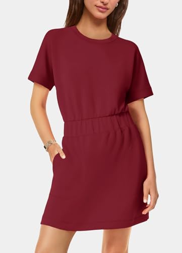 Image of SENSERISE Womens Short Sleeve T Shirt Dresses Crew Neck Solid Color Basic Smocked Waist Dress with Pockets