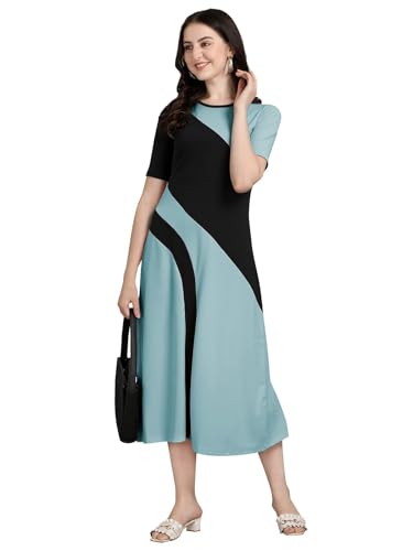 Image of LONDON BELLY Women's Poly Cotton Maxi Dress with Round Neck Half Sleeves Striped Pattern Calf Length Regulat Fit and Flare | Elegant Fit and Flare Western Dress | Women Stylish Cotton Maxi Dress