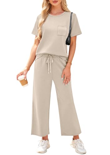 Image of WIHOLL 2 Piece Sets for Women Casual Summer Travel Vacation Outfits Short Sleeve Wide Leg Crop Pants Lounge Sets