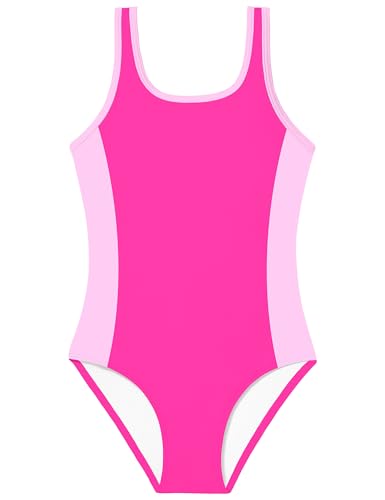 Image of Girls Swimsuit Ruffled Square Neck Color Contrast Trim One Piece Bathing Suit Geometric Girls' Swimwear 9-16Y