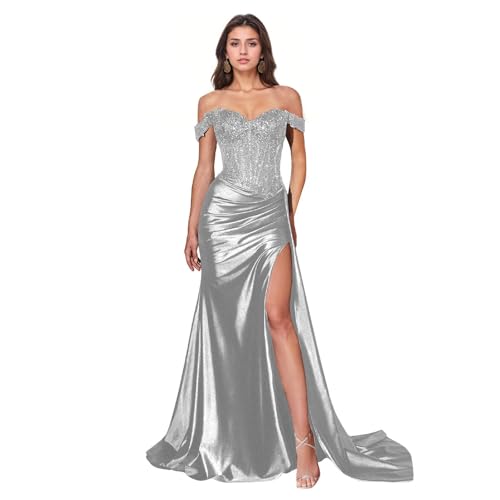V Neck Satin Prom Dresses Long Mermaid Lace Evening Gown with Slit Pleated Bodycon Formal Dress with Tail US6 Silver