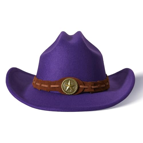 Image of Willheoy Kids Cowboy Hat for Girls Boys Western Cowgirl Hat with Buckle Belt Unisex Wide Brim Fedora Hat Dress Up Costume