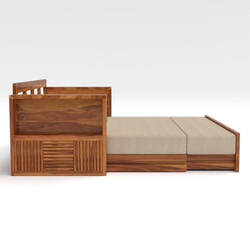 Image of Kunjal Furniture Solid Sheesham Wood Sofa Cum Bed with Storage for Living Room | Natural Finish | 3-Seater Convertible Sofa Bed | Handmade Wooden Furniture (Natural, Europian)