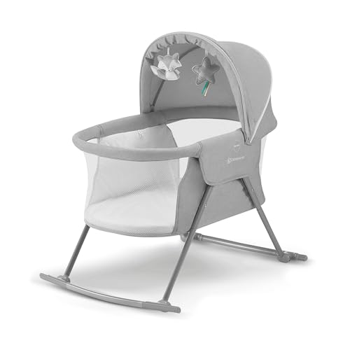 Kinderkraft LOVI Baby Crib 3 in 1 Cradle Travel Cot Rocker Easy Folding and Unfolding Adjustable Canopy with Accessories Mattress Cover Included Toys Transport Bag for Newborn 0-9 kg Gray
