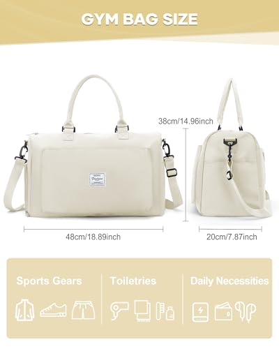 Image of Gym Bag for Women Men Duffle Bags for Travel with Shoe Compartment Shoulder Weekender Overnight Carry on Tote Bags for Airplane Beach Bag Workout Yoga Sport Swimming Cream White
