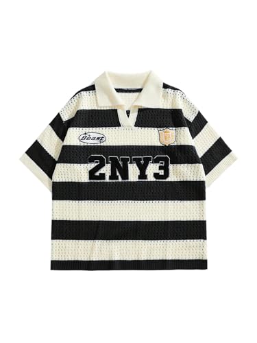 Men's Striped Crochet Tops Hollow Out Color Block Letter Embroidered Short Sleeve Sweaters