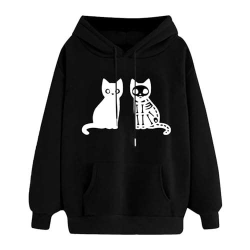 Pull surdimensionné à capuche femme sweat-shirt imprimé chat avec poches
