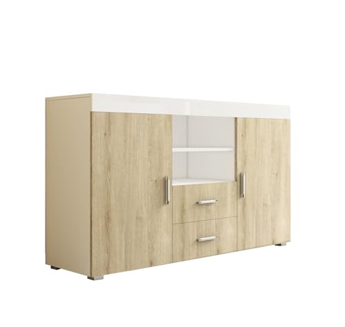 MB Muebles Bonitos | Aparador Roque | Mueble Auxiliar Moderno de Salón y Comedor con 2 Puertas, 2 Cajones y Estante | 140x82x40 cm | Melamina Brillo | Blanco y Sonoma
