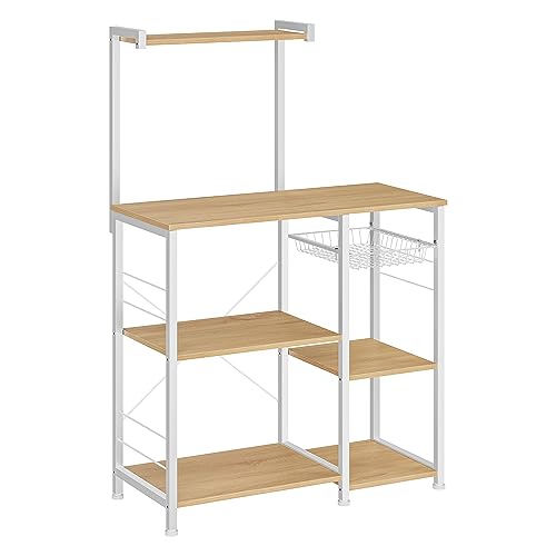 VASAGLE Scaffale da Cucina, Mensola Microonde, Mobile Cucina, con Cestino a Filo Metallico, 40 x 90 x 134 cm, 6 Ganci, per Spezie, Pentole e Padelle, Beige Rovere e Bianco Classico KKS035W09