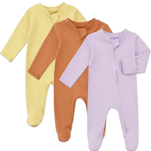 Image of Aablexema Baby Organic Cotton Footed Pajamas Zip Up Preemie Newborn One Piece Long Sleeve Onesie Pjs(Yellow/Purple/Orange,Preemie)