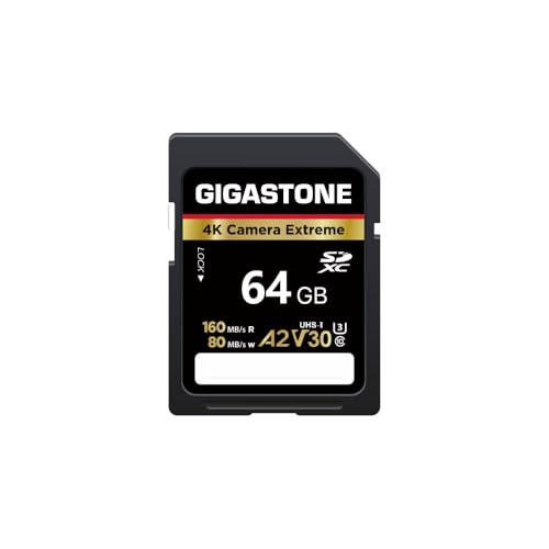 [5 Ans Récupération de données Gratuite] GIGASTONE 64Go Carte SD, 4K Camera Extreme, Vitesse jusqu'à 160 Mo/s, A2 V30 U3 SDXC UHD Video pour Canon Nikon...