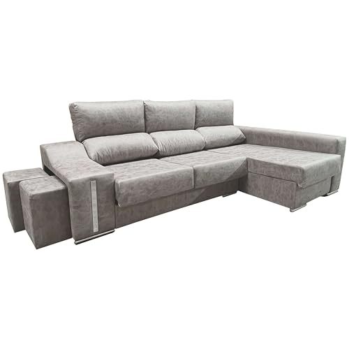 Sofá Chaise Longue Oscar Derecha 3 Plazas, Arcón, 2 Puffs, Asientos Extensibles Gris Cemento 263 cm