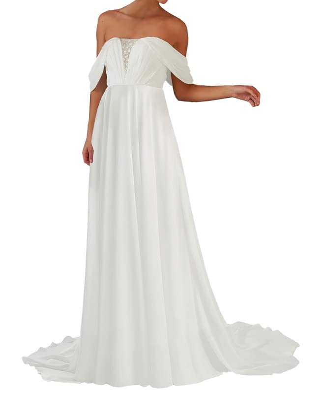 Vestido de Novia Sencillo Vestido de Fiesta de Bodas con Tirantes Abiertos, Blanco, 44