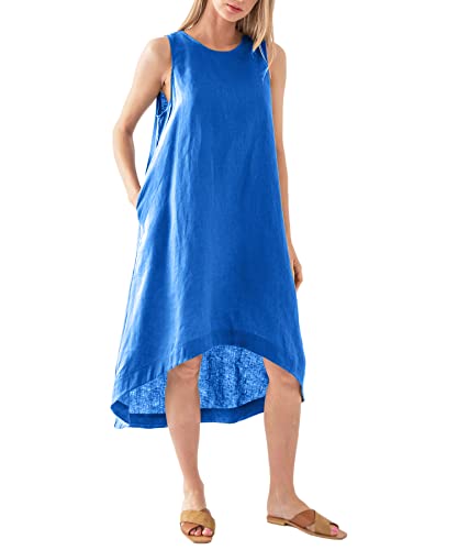 Image of Amazhiyu Women's 100% Linen High Low Midi Dress with Pocket