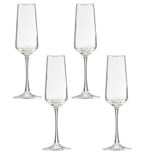 Set 4 Calici Champagne in Vetro bicchiere con piede alto Elegante Flûte 220 ml da Tavola Festiva Uso Professionale o Domestico – Idea Regalo con scatolo