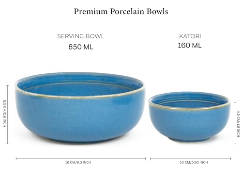 Image of Bodhi House Handcrafted Chip Resistance Porcelain Dinner Set, 14 Pieces Dish Set Serving for 6, Microwave and Dishwasher Safe, Bone-ash Free, Crockery Set for Dining and Gifting, Mid Blue