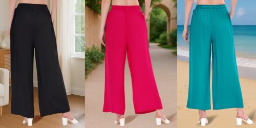 Image of Buy That Trendz Palazzo Pants for Women Rayon Elasticated Regular Fit Flared Wide Leg M to 6XL Pack of 3