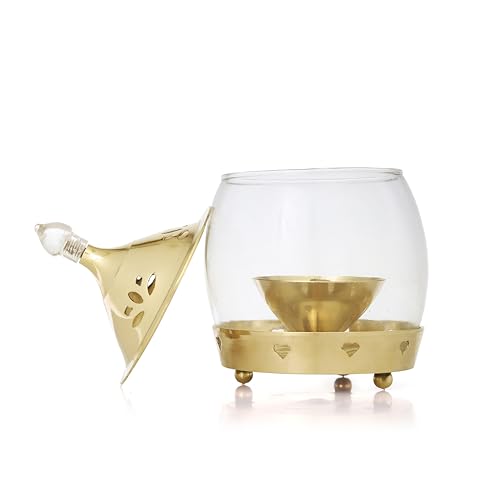 Image of Brass Akhand Diya with Borosilicate Glass Cover and Oil Lamp for Home, Office, Puja, Mandir, Decorative Lantern Diya with Shade Cover for Prayer