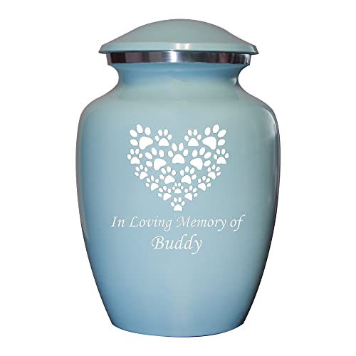 Blue Cremation Urn for Pets, Cats, Dogs, Artwork Cremation Urn, Ash Urns with Personalized Engraving (Paw Heart, Small)