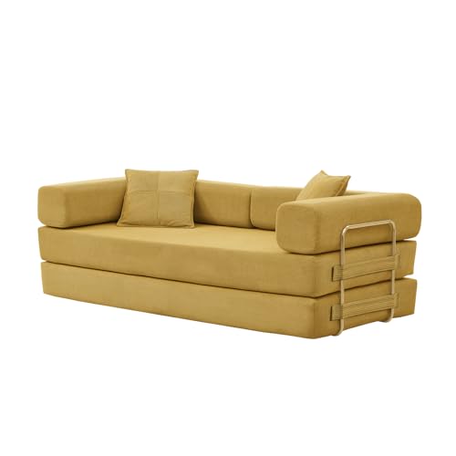 Image of HANXIN 78 Inch Convertible Sleeper Sofa Bed, Folding Floor Mattress Couch with Fixed-Shape Frame, Futon Boneless Couch Lounge Loveseat with Pull Out Bed, No Assembly Required (Yellow)