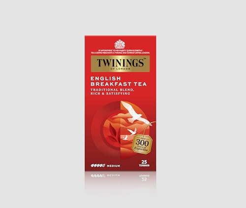 Image of Twinings English Breakfast Tea, 25 Teabags, Premium Black Tea, English Classic Range, Medium Strength, Rich Flavour, 50 gm (Pack of 2)