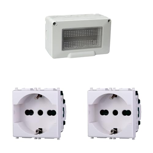Kit Scatola Elettrica IP55, Completa Di Frutti Compatibile Con Vimar Plana, 4 Moduli 2 Prese Schuko P40 Universale 10/16A, Contenitore Con Coperchio, Da Muro Parete Esterno e Interno