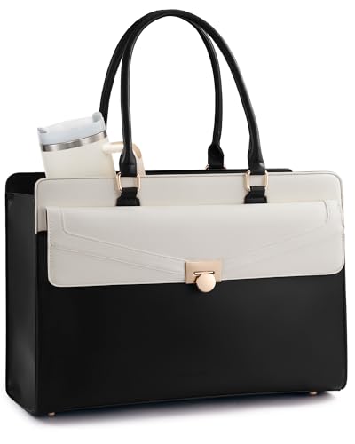 Image of LOVEVOOK Laptop Tote Bag for Women, PU Leather Work Bag, Teacher Tote | with Large Cup Holder, Waterproof Vintage Briefcase for Business Travel & Commute, Magnetic Snap, Padded Laptop Pocket