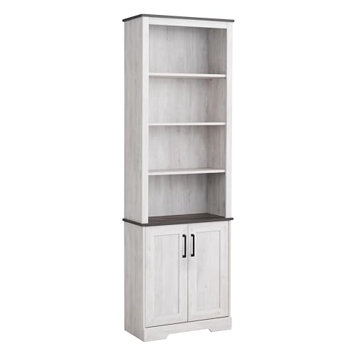 Image of Prepac Rustic Ridge Bookcase with Doors, Washed White Storage Cabinet with Doors and Shelves, Accent Cabinet 26 inch W x 79.75 inch H x 12.5 inch D, ASBR-1630-1