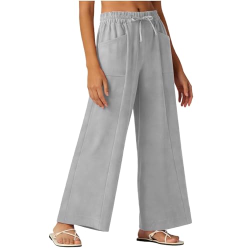 Pantalones de lino para mujer, cintura elástica, pierna ancha, pantalones casuales de verano para mujer, pantalones palazzo de algodón, pantalones sueltos con bolsillos, color sólido, ropa de trabajo
