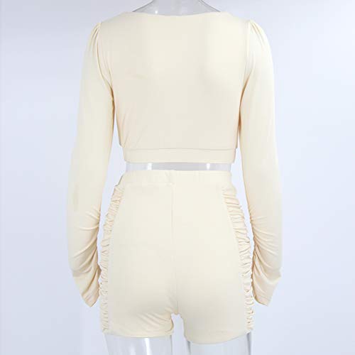 Ohvera Women\'s 2 Piece Outfits Square Neck Ruched Long Sleeves Crop Top Shorts Tracksuit Sets Nude Medium