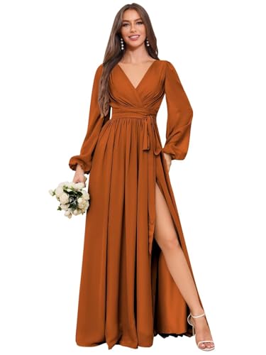 Women's Chiffon Bridesmaid Dresses v Neck Long Sleeves High Waist Evening Gown with Slit