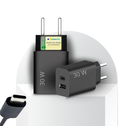 Kit Carregador Turbo 30W Porta Dupla (USB-C + USB-A) + Cabo USB Tipo C de 1m, Compatível com Celular